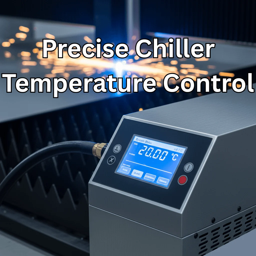 Industrial chiller control panel showing 20.00 C beside a fiber laser cutting table